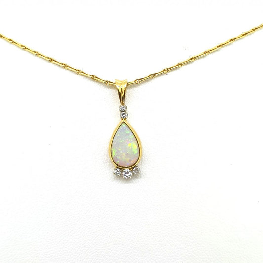 Vintage Teardrop Cabochon Opal and Diamond Pendant and Chain, Circa 1997