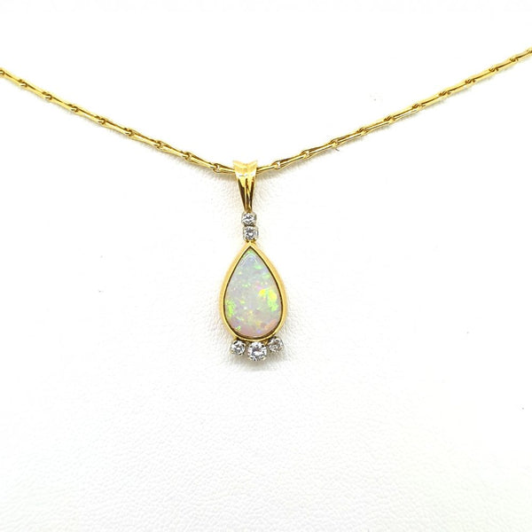 Vintage Teardrop Cabochon Opal and Diamond Pendant and Chain, Circa 1997