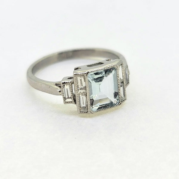 1.20ct Square Aquamarine and Baguette Diamond Cluster Ring in Platinum, square step-cut aquamarine flanked by baguette-cut diamonds in platinum