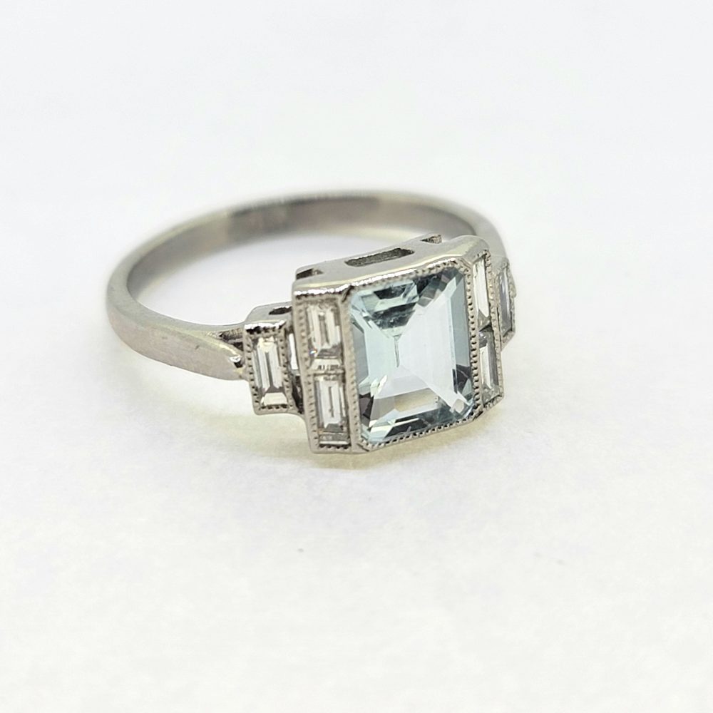 1.20ct Square Aquamarine and Baguette Diamond Cluster Ring in Platinum