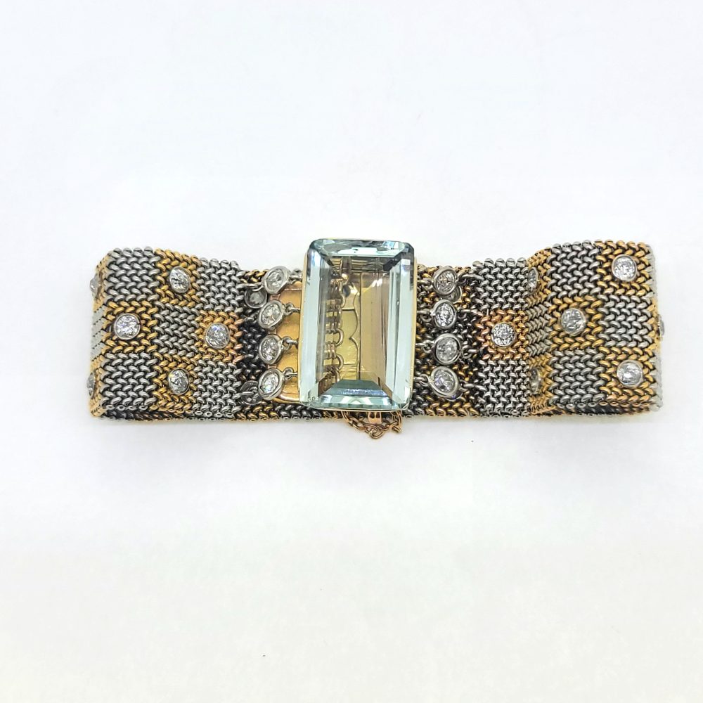25ct Aquamarine and Diamond Set Bi Colour Gold Mesh Bracelet