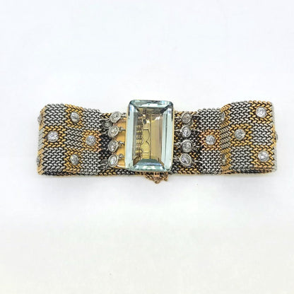 25ct Aquamarine and Diamond Set Bi Colour Gold Mesh Bracelet