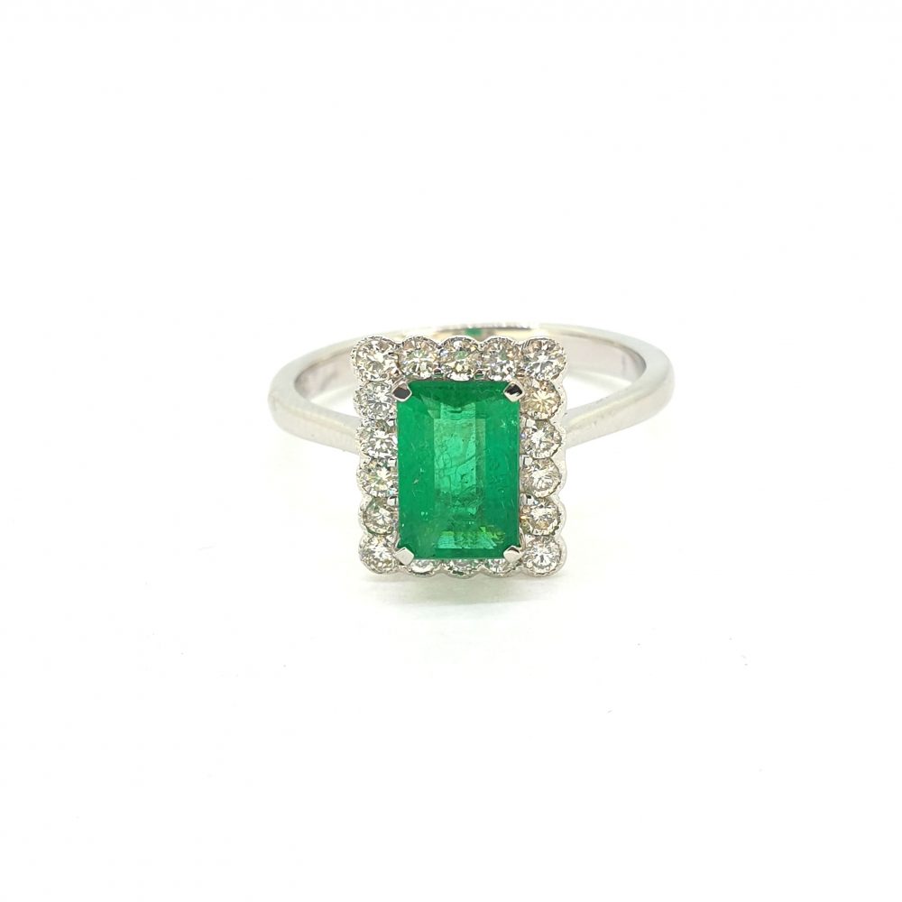0.95ct Emerald Cut Emerald and Diamond Cluster Ring 18ct White Gold