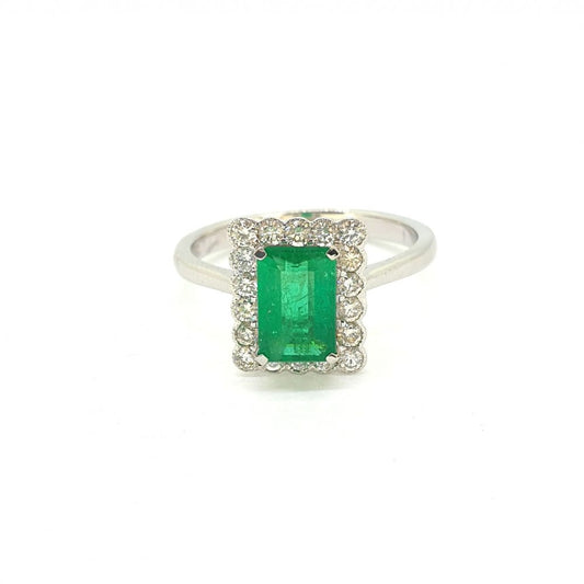 0.95ct Emerald Cut Emerald and Diamond Cluster Ring 18ct White Gold