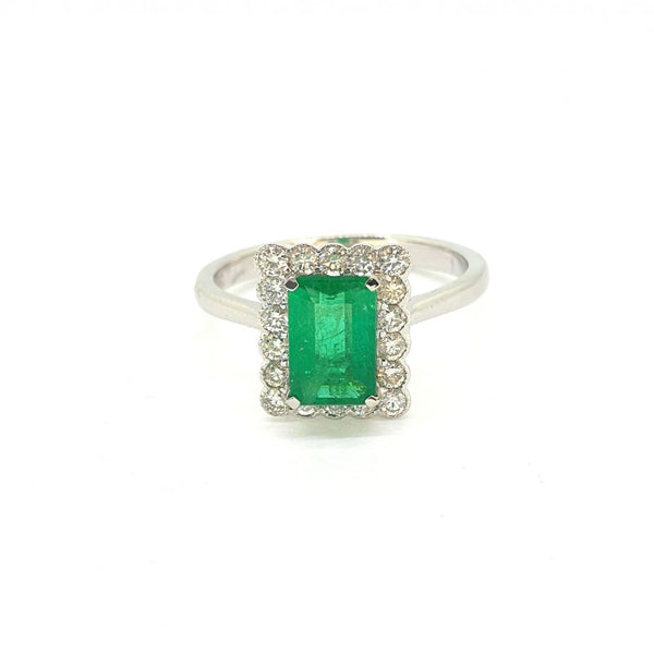 0.95ct Emerald Cut Emerald and Diamond Cluster Ring 18ct White Gold