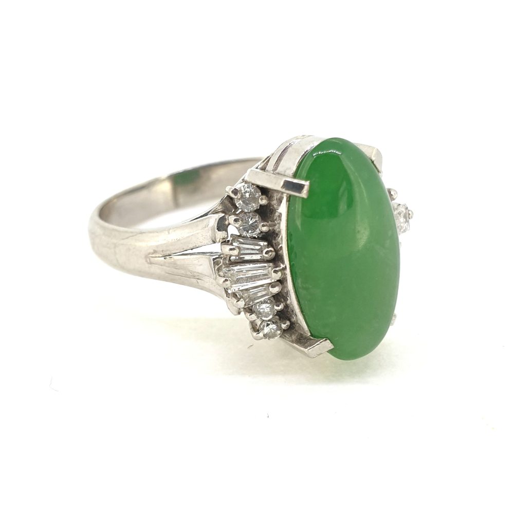 Oval Cabochon Jadeite Jade Ring with Brilliant and Baguette Diamonds