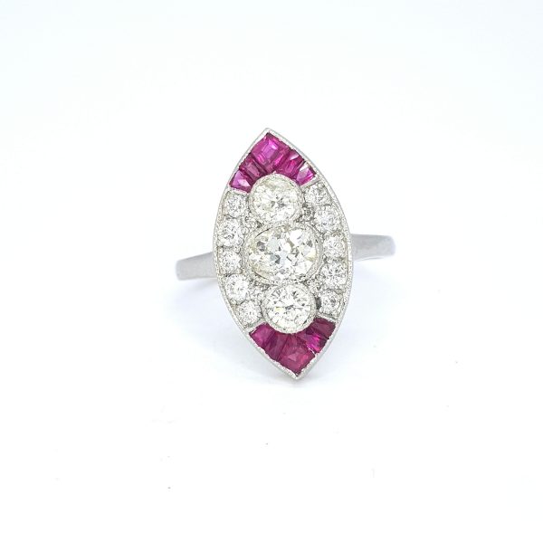 Ruby and Diamond Marquise Shaped Navette Cluster Ring in Platinum