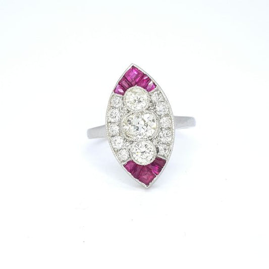 Ruby and Diamond Marquise Shaped Navette Cluster Ring in Platinum