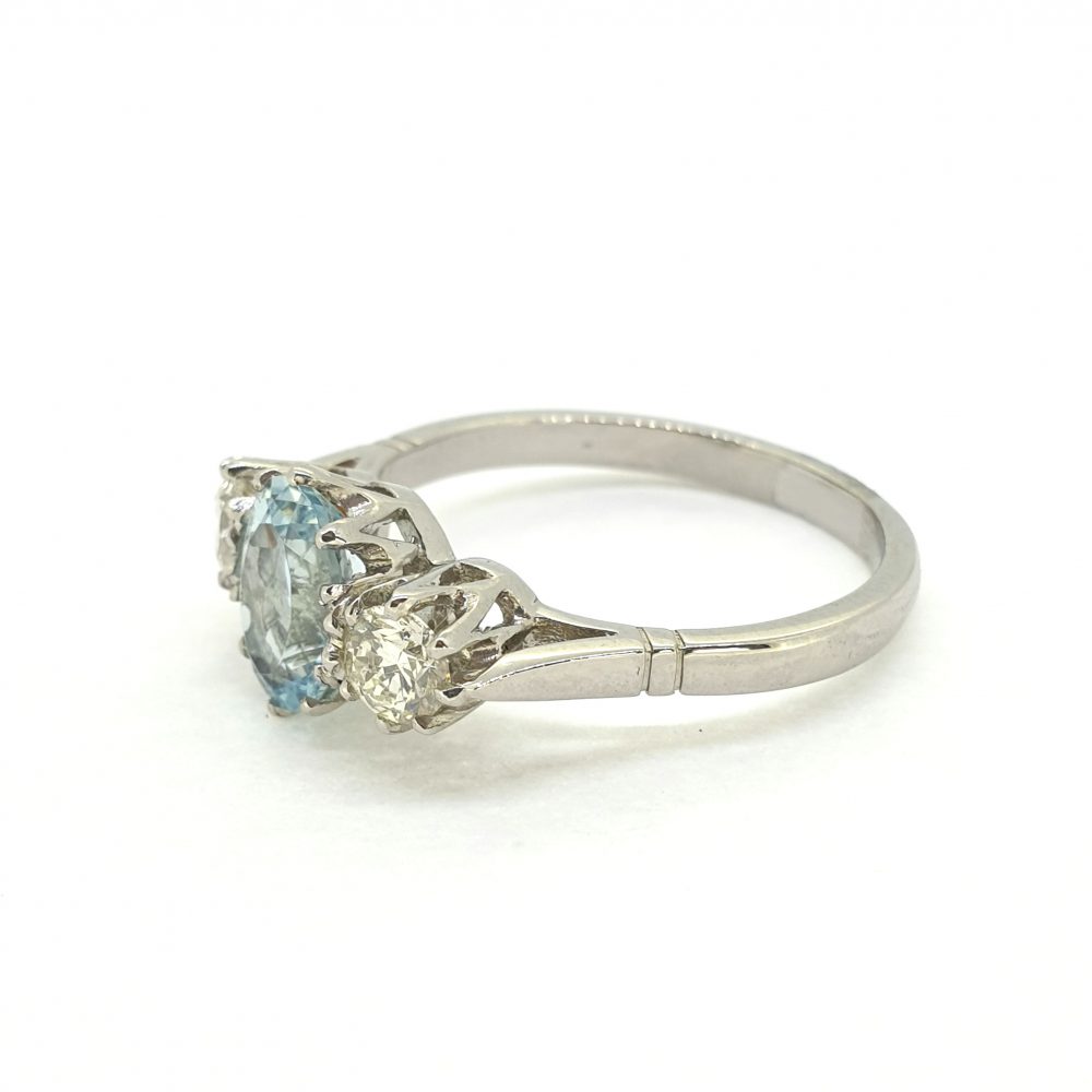 1.10ct Aquamarine and Diamond Three Stone Engagement Ring
