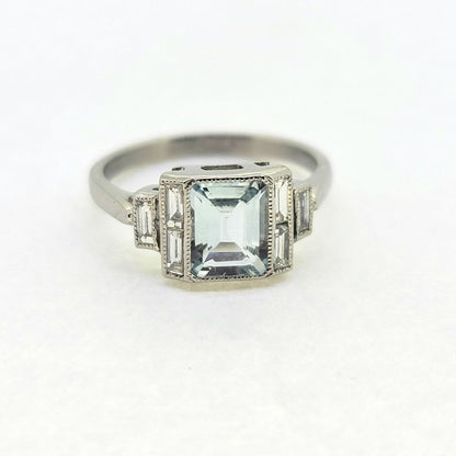 1.20ct Square Aquamarine and Baguette Diamond Cluster Ring in Platinum