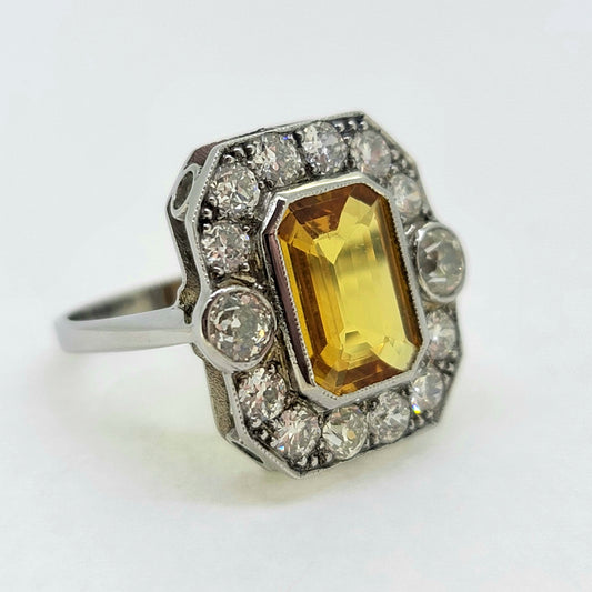 3.50ct Emerald Cut Yellow Sapphire and Diamond Cluster Ring in Platinum