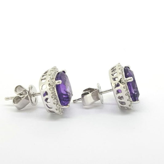 Amethyst and Diamond Cluster Stud Earrings, 3.78 carats