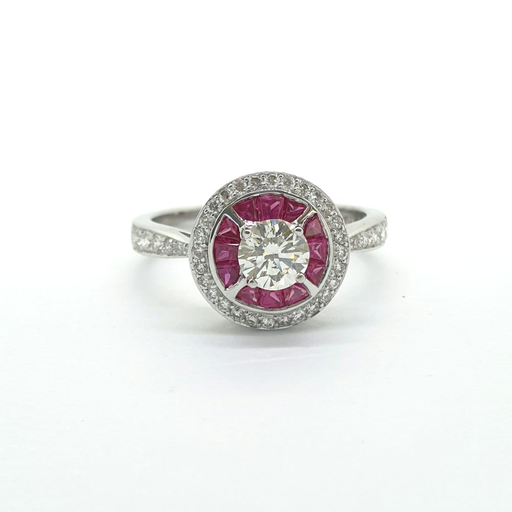 0.50ct Diamond and Calibre Ruby Target Cluster Engagement Ring