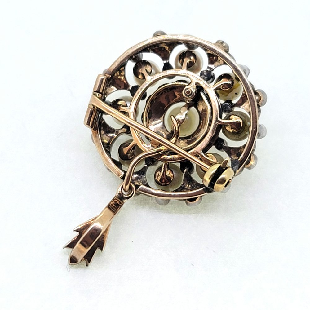 Victorian Antique Natural Pearl and Diamond Pendant Brooch
