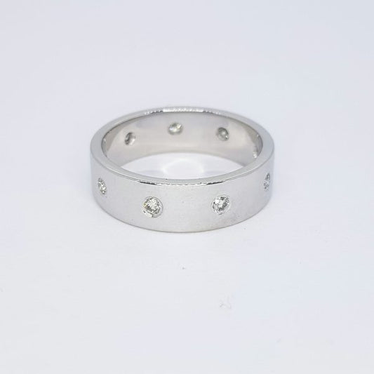 Diamond Set 18ct White Gold Wide Wedding Band Ring; modern wide 18ct white gold wedding band ring set with interspersed diamonds