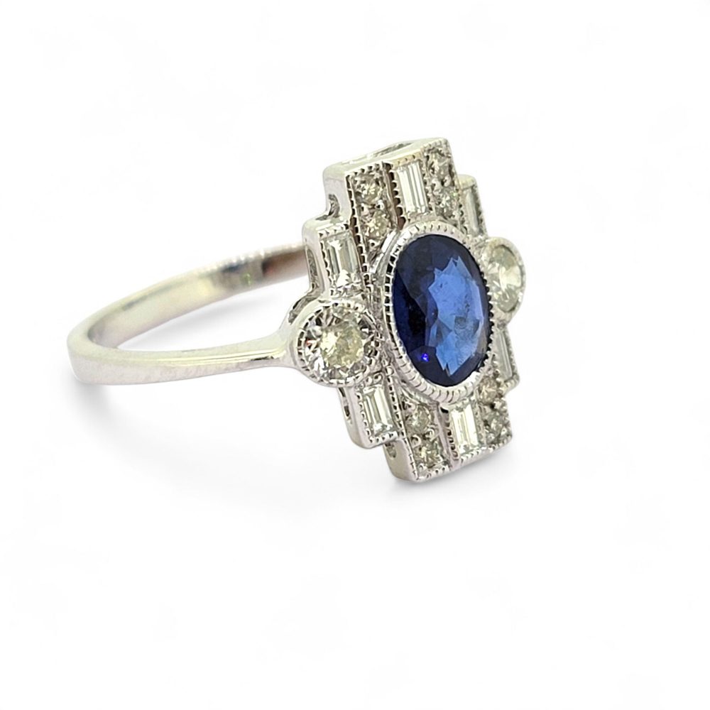 Sapphire and Diamond Cluster Plaque Tablet Engagement Ring in 18ct White Gold