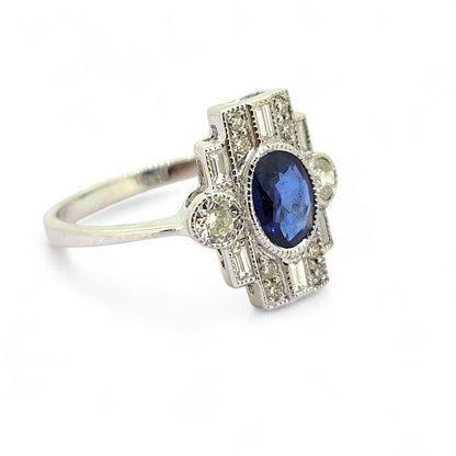 Sapphire and Diamond Cluster Plaque Tablet Engagement Ring in 18ct White Gold