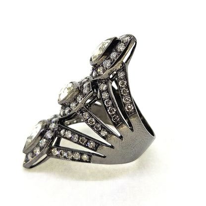 Pear Rose Cut Diamond Three Stone Dress Ring in Black Gold