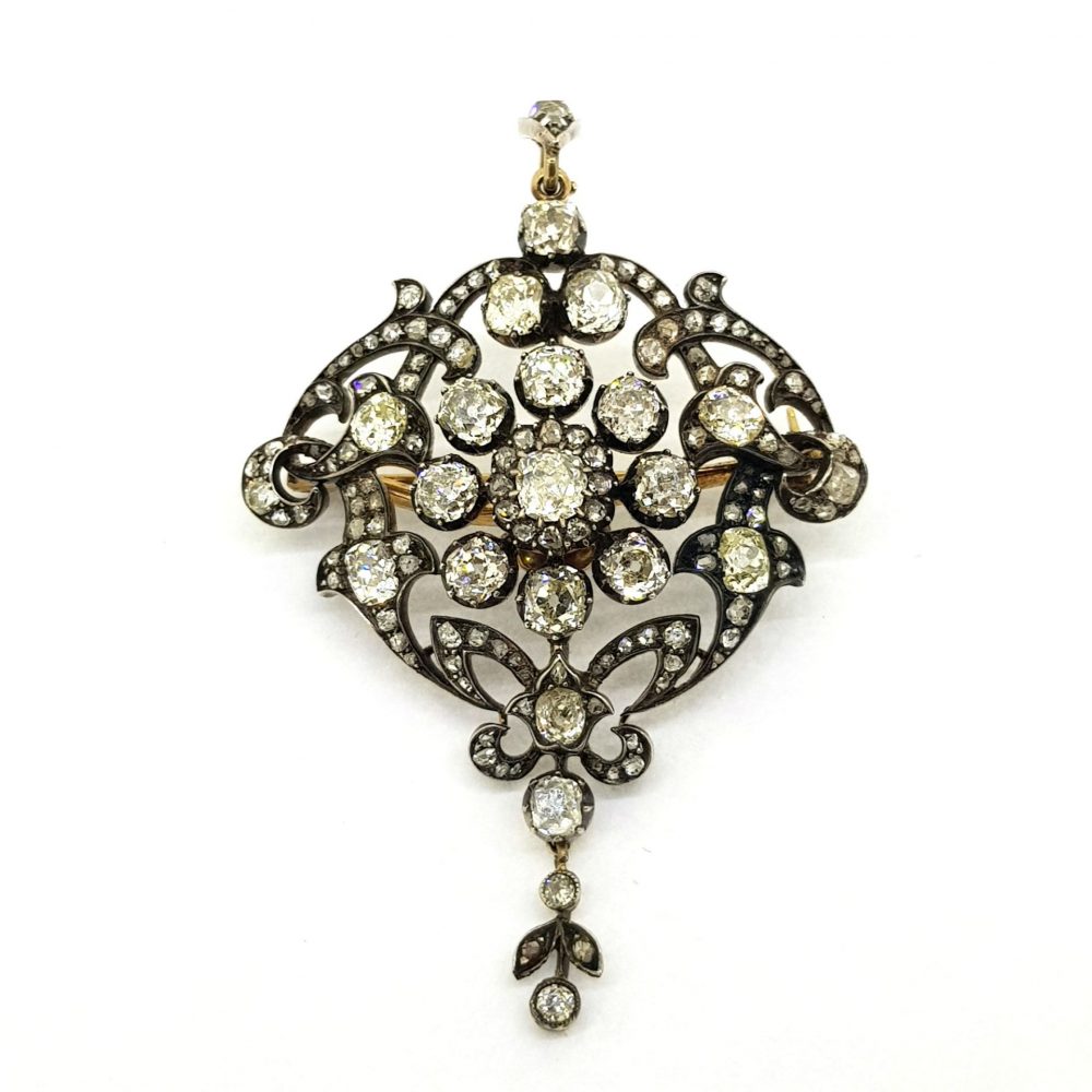 Antique Old Cut Diamond Pendant Brooch, 6.50 carats