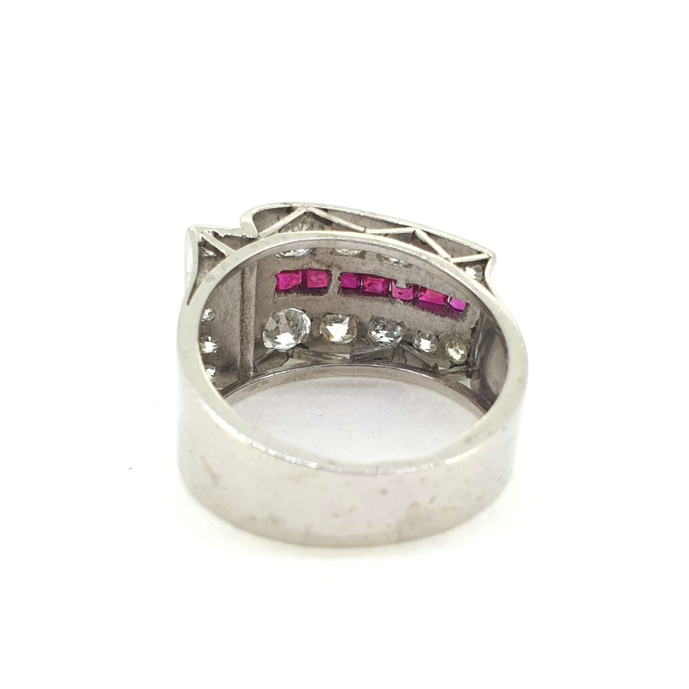 Vintage 1940s Retro Ruby and Old Cut Diamond Cluster Dress Ring in Platinum