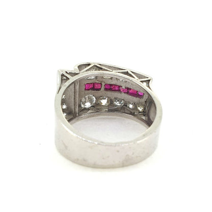 Vintage 1940s Retro Ruby and Old Cut Diamond Cluster Dress Ring in Platinum