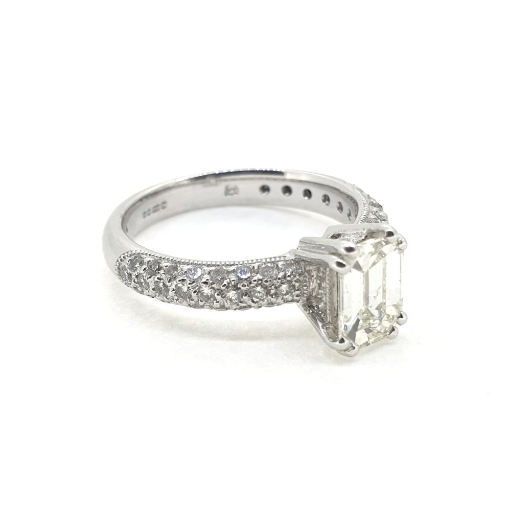 1ct Emerald Diamond Solitaire Engagement Ring with Pave Diamond Shoulders