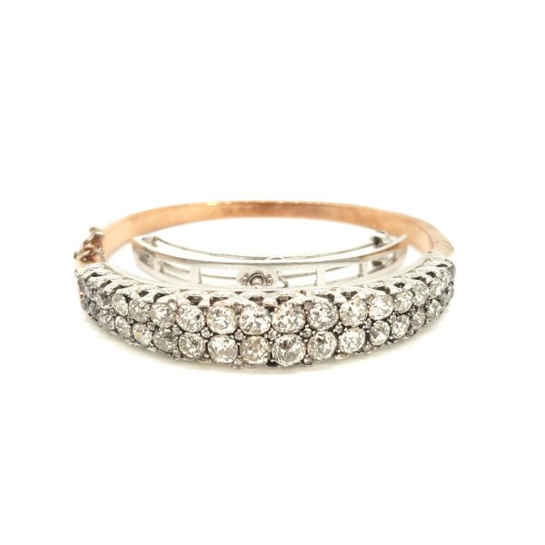 Late Victorian Old Cut Diamond Bangle Bracelet, two rows of 11 carats of old-cut diamonds in 18ct gold. Converts to a hat or scarf pin, fitting included