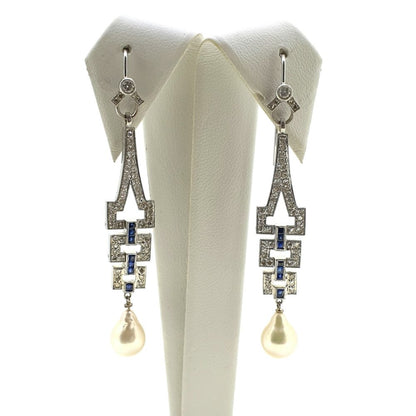 Art Deco Style Sapphire Pearl and Diamond Drop Earrings
