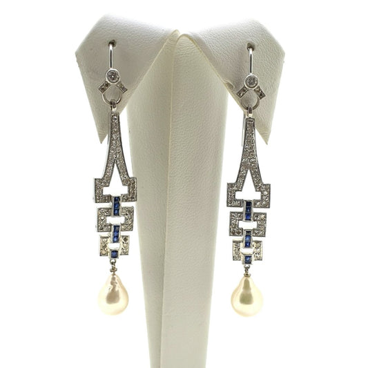 Art Deco Style Sapphire Pearl and Diamond Drop Earrings