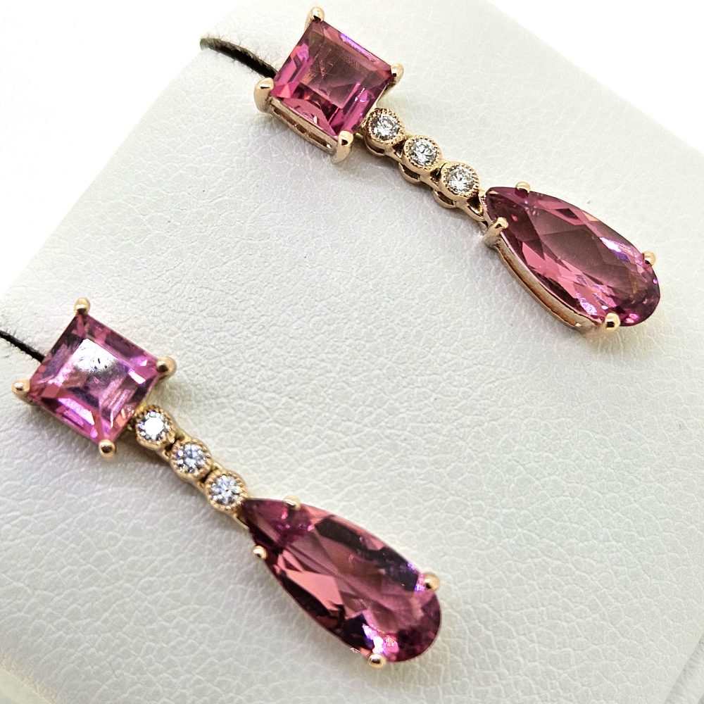 Pink Tourmaline and Diamond Drop Earrings, 3.54 carats