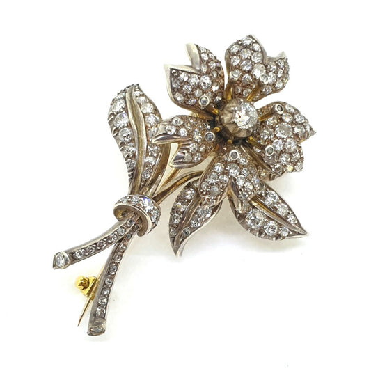 Early Victorian Antique Old Cut Diamond Flower Spray Brooch