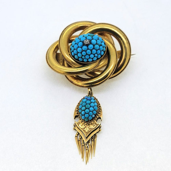 Victorian Antique Turquoise Diamond 15ct Gold Pendant Brooch, 15ct yellow gold brooch with cabochon turquoise cluster design around central diamond with detachable pendant drop