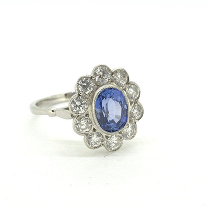 1.86ct Oval Sapphire and Diamond Floral Cluster Ring in Platinum