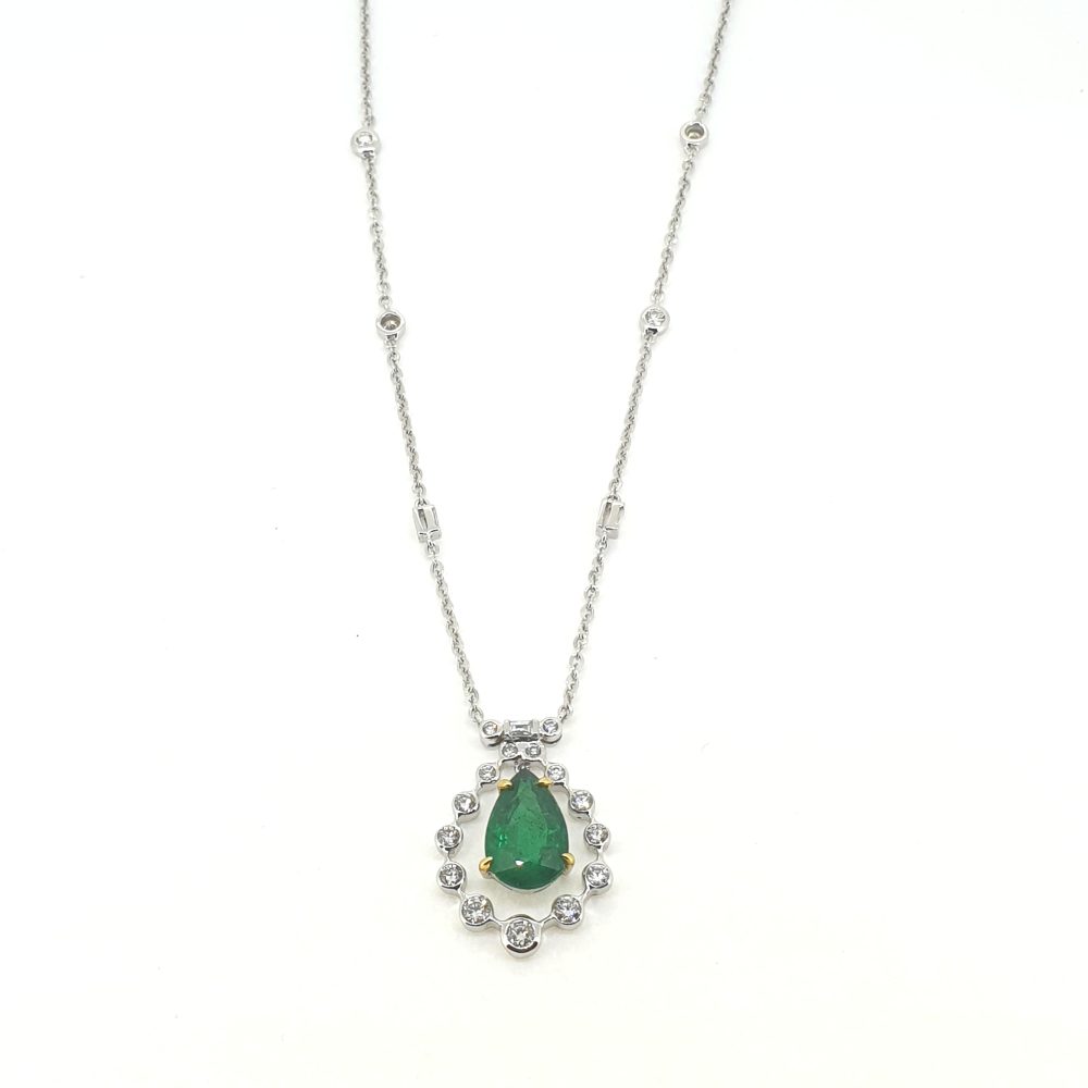 4.85ct Pear Cut Emerald and Diamond Cluster Pendant with Chain