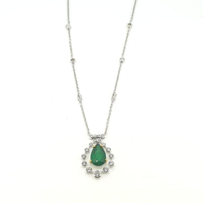 4.85ct Pear Cut Emerald and Diamond Cluster Pendant with Chain