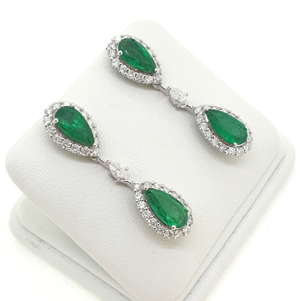 Pear Cut Emerald and Diamond Double Cluster Drop Earrings, 4.62 carat total