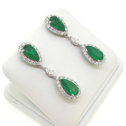 Pear Cut Emerald and Diamond Double Cluster Drop Earrings, 4.62 carat total