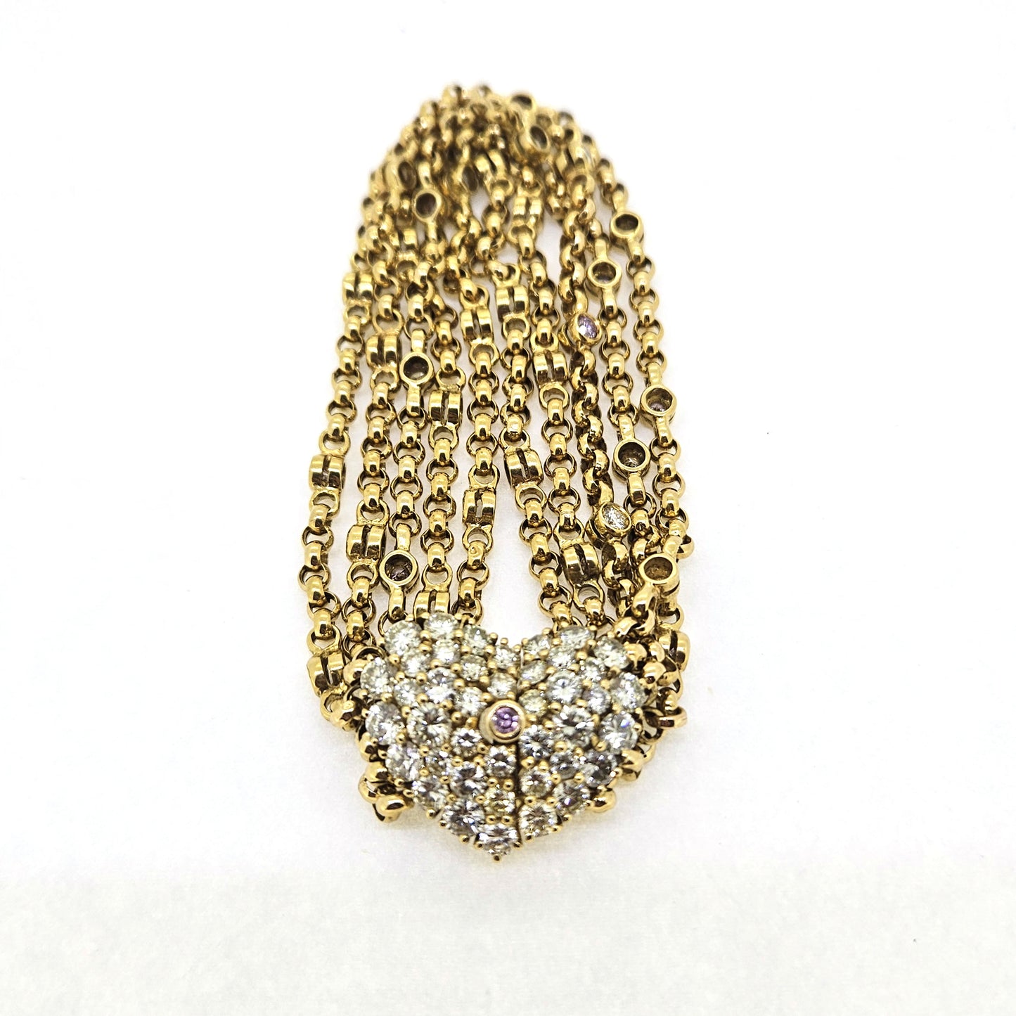 Vintage 7.50ct Pink White and Yellow Diamond Set Gold Bracelet with Diamond Heart Clasp