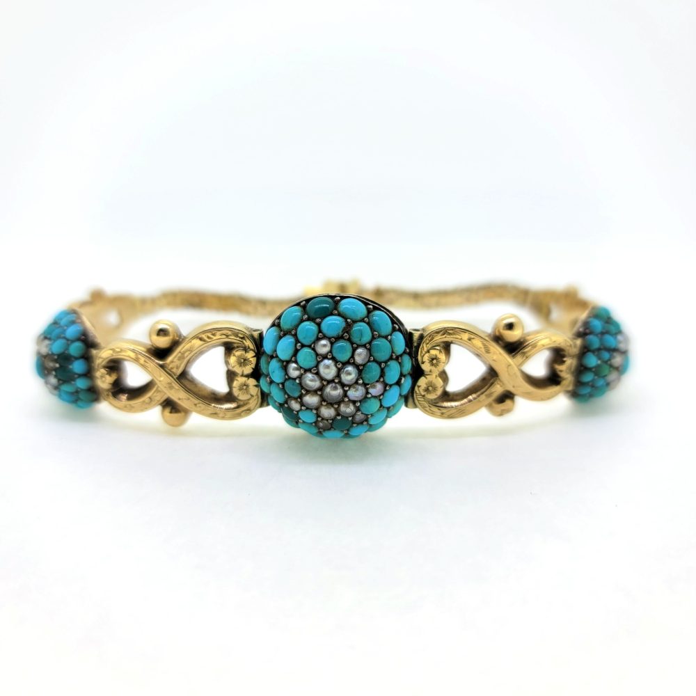 Antique Turquoise and Pearl Cluster Gold Scroll Link Bracelet