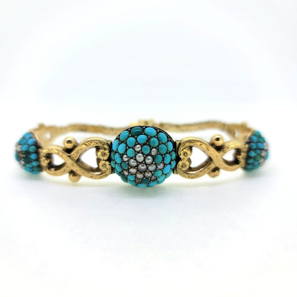 Antique Turquoise and Pearl Cluster Gold Scroll Link Bracelet