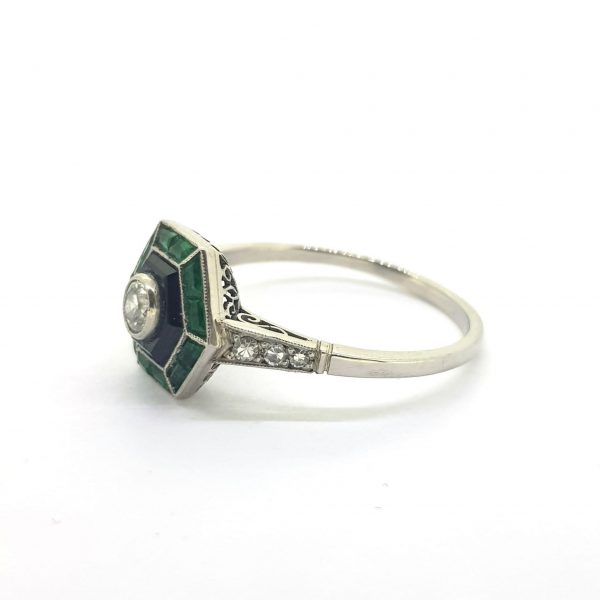 Vintage Art Deco Style Emerald, Diamond and Onyx Ring, Circa 1960s