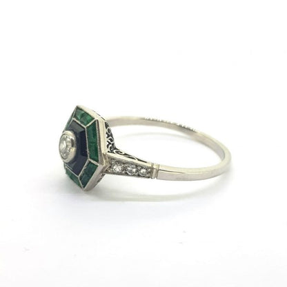 Vintage Art Deco Style Emerald, Diamond and Onyx Ring, Circa 1960s