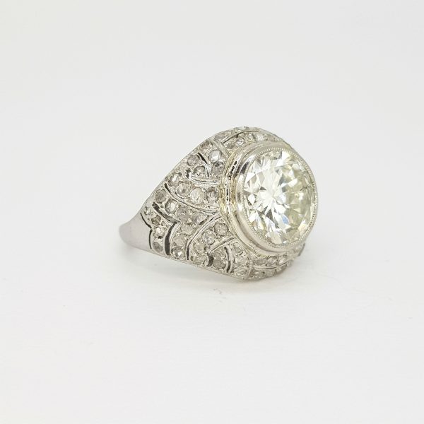 Art Deco French Diamond Cluster Bombe Ring, central collet-set 3.78 carat diamond atop a rose-cut diamond detailed mount set, Ring Size J