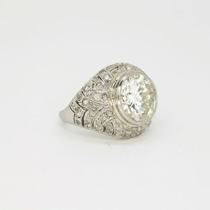 Art Deco French Diamond Cluster Bombe Ring, central collet-set 3.78 carat diamond atop a rose-cut diamond detailed mount set, Ring Size J