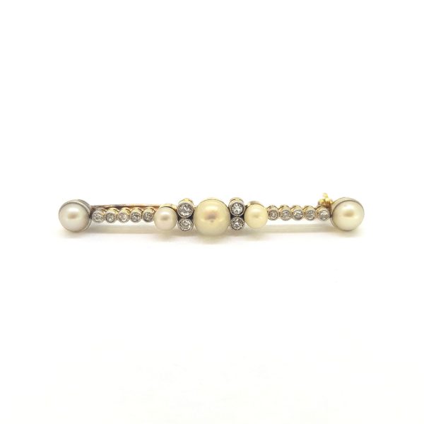 Pearl and Diamond Bar Brooch in Platinum and Gold