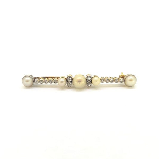 Pearl and Diamond Bar Brooch in Platinum and Gold