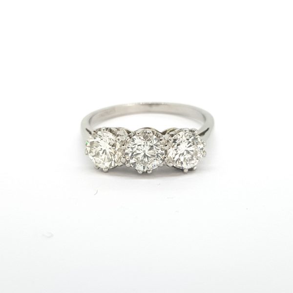 Diamond Three Stone Ring in Platinum, 1.80 carat total, classic diamond trilogy ring, Diamond colour G, Diamond clarity SI1