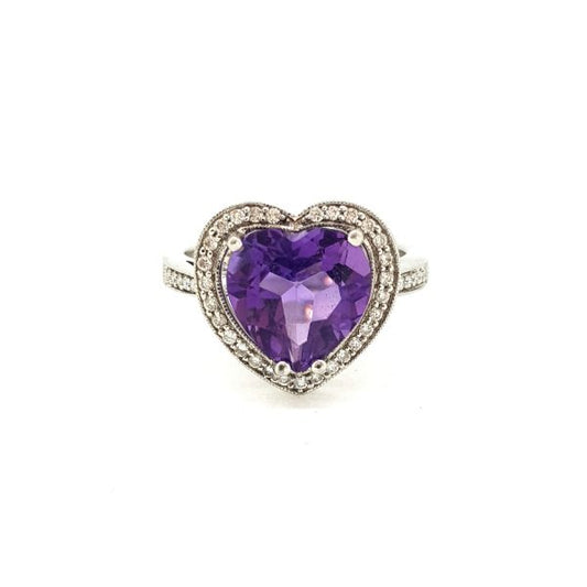 Amethyst and Diamond Heart Shaped Cluster Ring