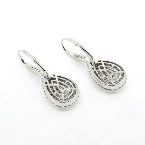 Pear Shaped Diamond Cluster Drop Earrings, 2.30 carat total, central baguette-cut diamonds surrounded by two brilliant-cut diamond clusters, in 18ct white gold