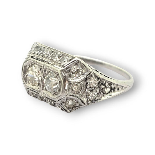 Art Deco Two Stone Cluster Diamond Ring in Platinum, two main diamonds set within a sparkling diamond frame in platinum